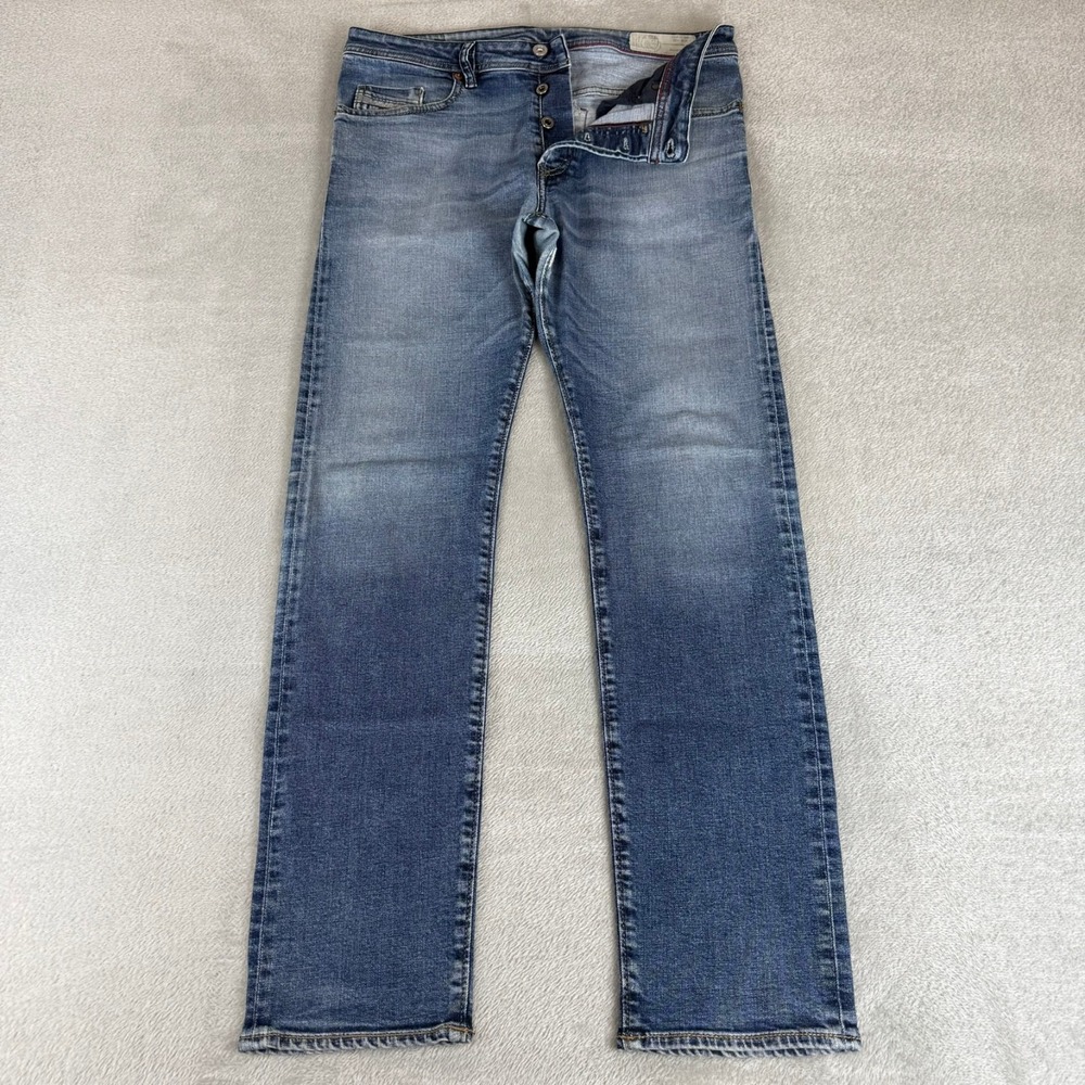 Diesel Buster Slim Tapered Jeans Mens 33x32 Blue Distressed Button Fly Stretch